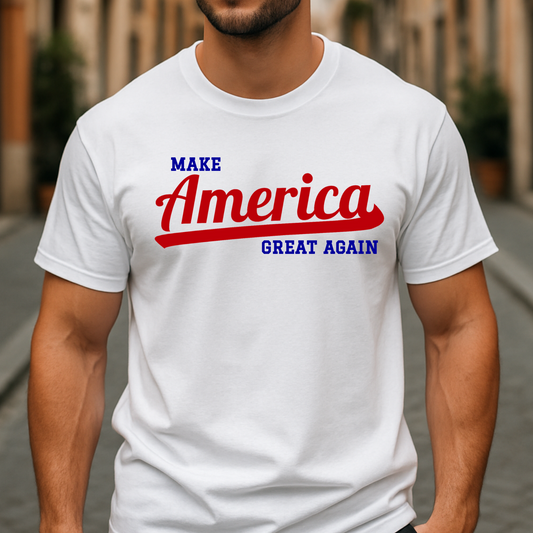 White front view of men’s T-shirt with patriotic, bold red and blue text graphic design