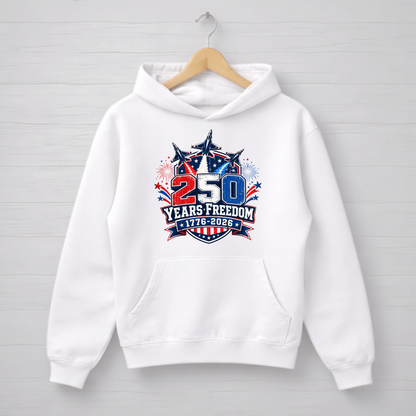 White hoodie with '250 Years Freedom' design on a wooden hanger against a light gray background