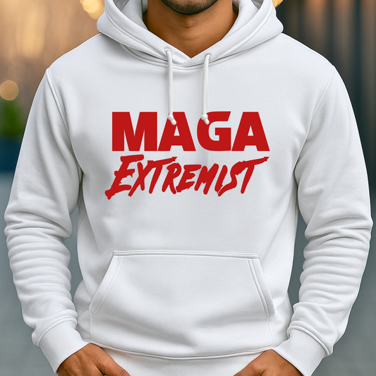 White hoodie with bold Red graphic text design, casual pullover style