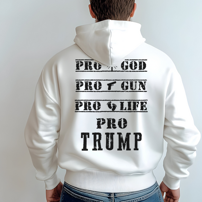White hoodie with distressed American flag front and pro-values back design