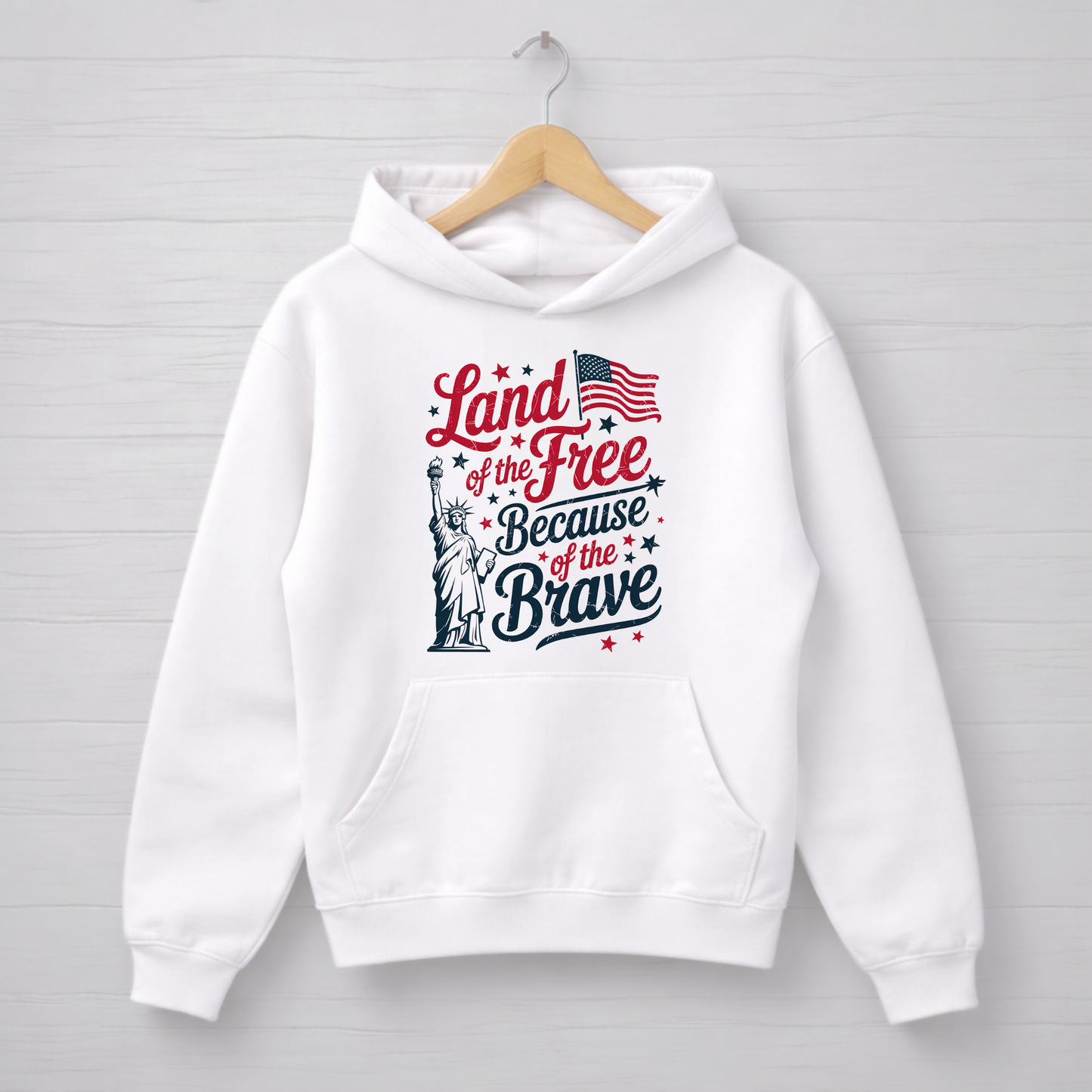 White hoodie with patriotic design on a wooden hanger against a light gray background