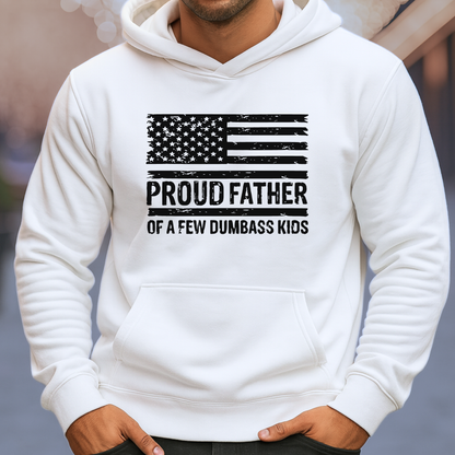 White hoodie with American flag father design and text worn by a father.