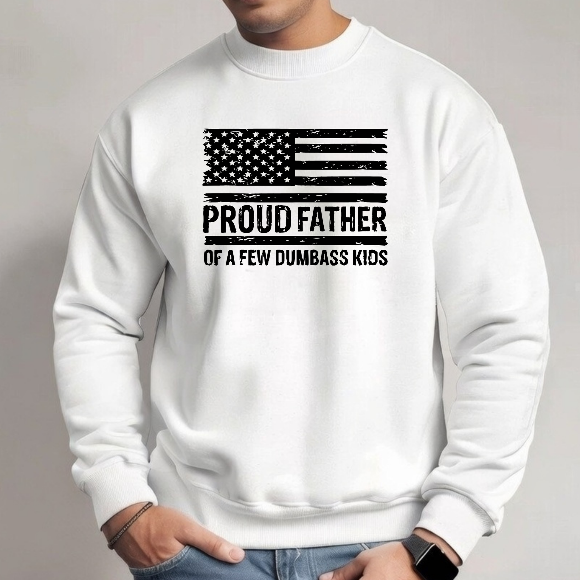 White men’s sweatshirt with black American flag graphic and proud father text design