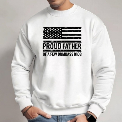 White men’s sweatshirt with black American flag graphic and proud father text design