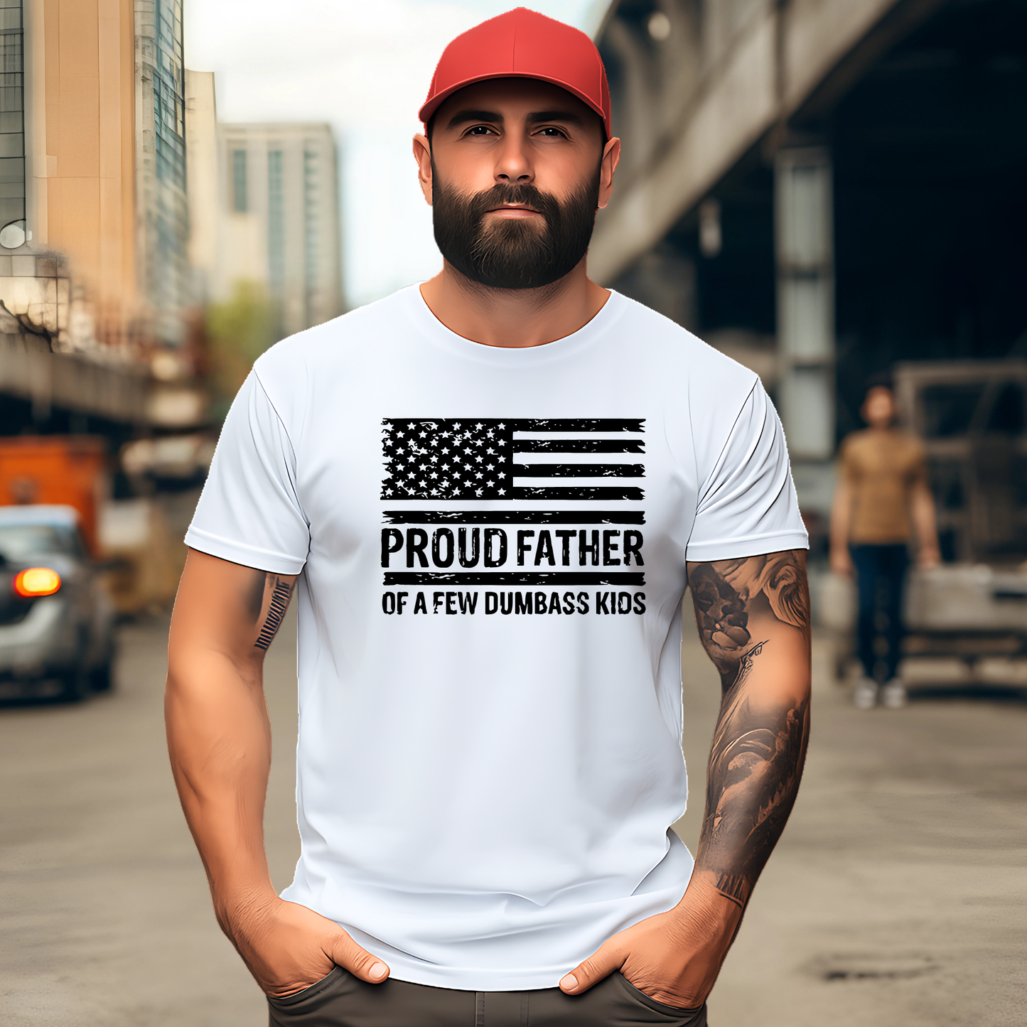 White men’s t-shirt with black American flag graphic and proud father text design