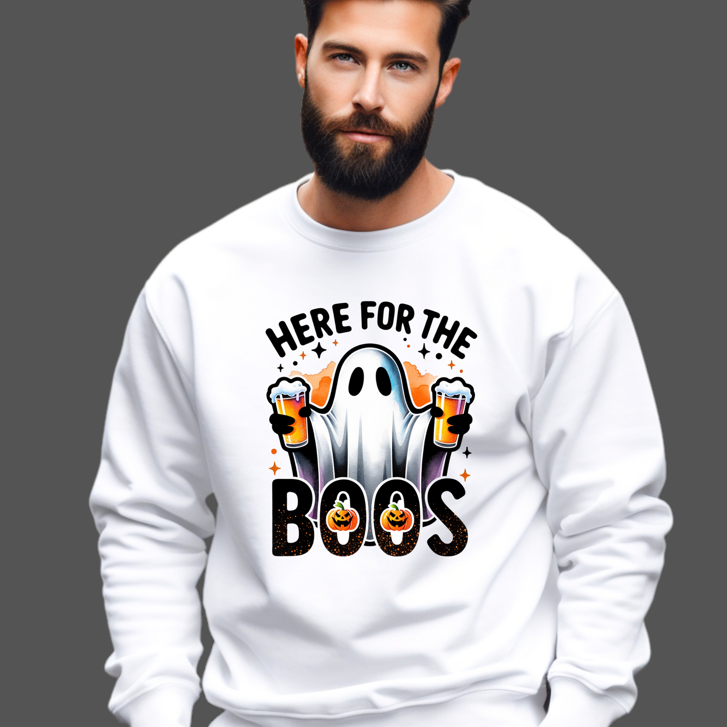White sweatshirt with ghost holding beer and “Here For The Boos” text