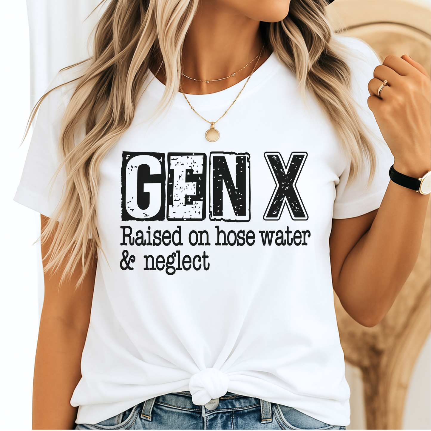 White shirt with bold black Gen X nostalgia quote graphic worn by blonde woman