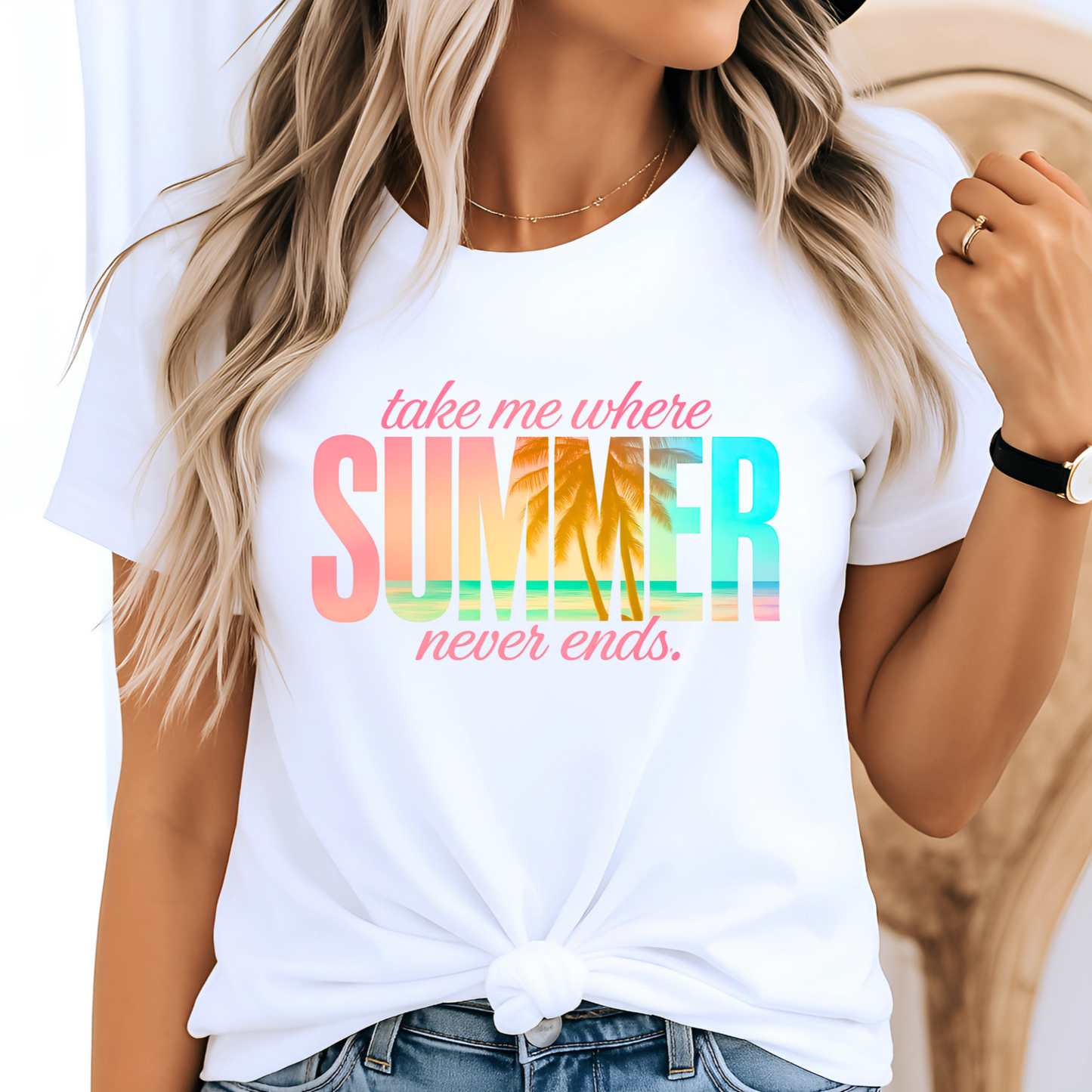 White summer graphic t-shirt featuring sunset palm trees and bold pastel text