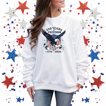 White sweatshirt America 250 eagle with patriotic star background
