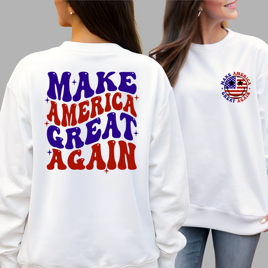 White sweatshirt front view with round USA flag graphic and patriotic text