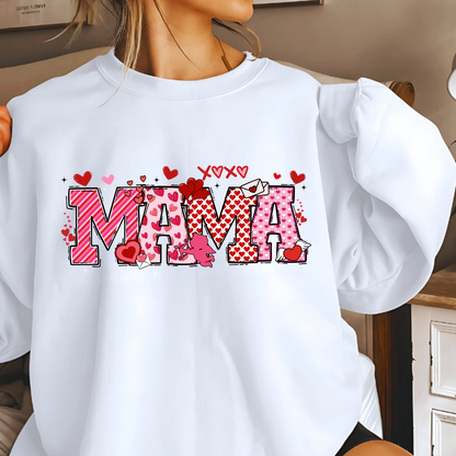A White sweatshirt with a personalized Valentine's Day design, including the name 'MAMA' in a decorative font, surrounded by heart shapes and small decorative elements.