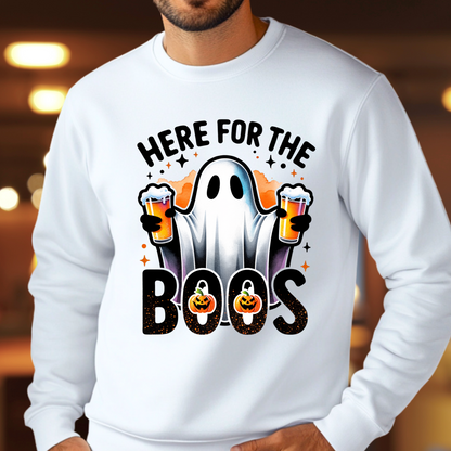 White sweatshirt with ghost holding beer and “Here For The Boos” text


