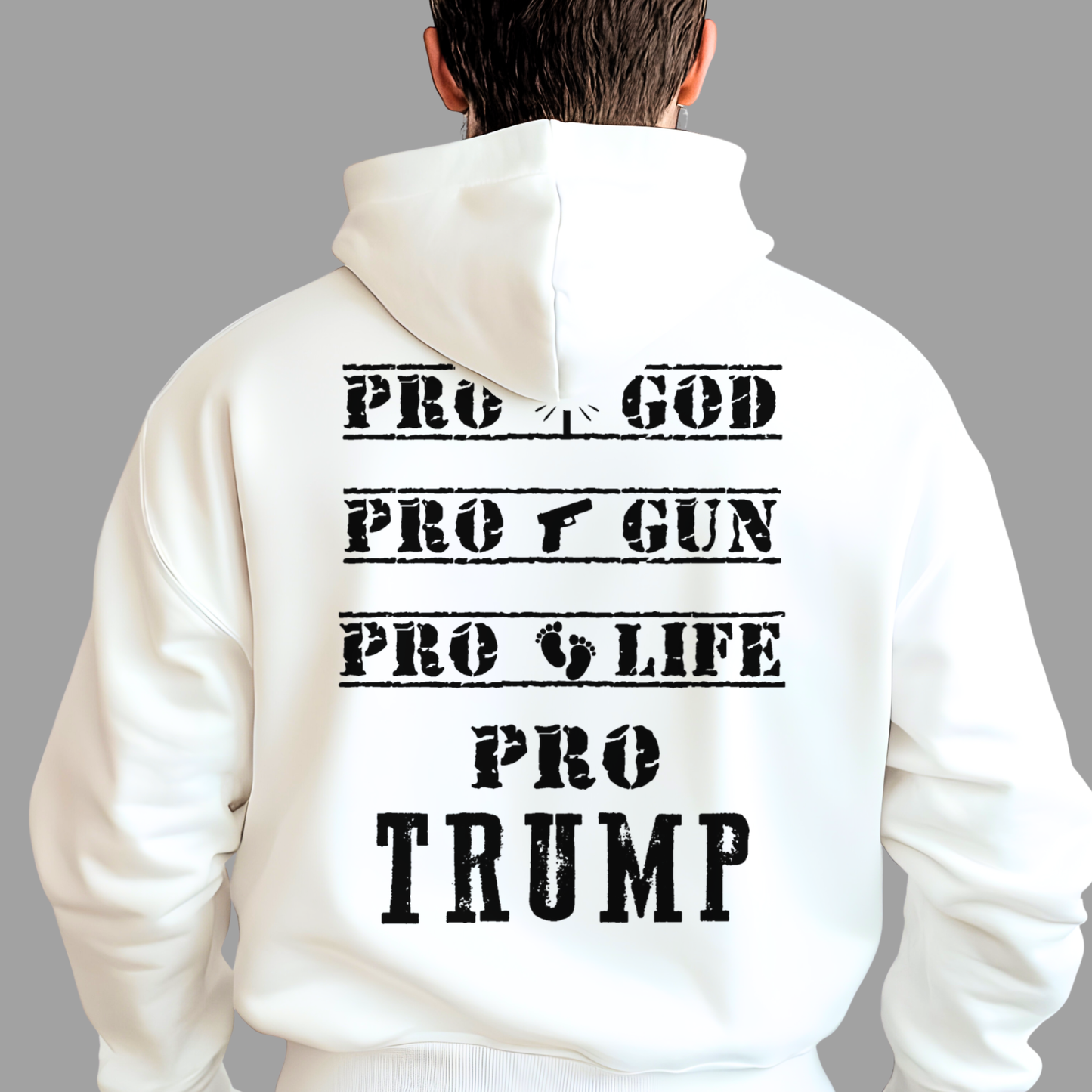 Man wearing a white hoodie with 'PRO GOD, PRO GUN, PRO LIFE, PRO TRUMP' text on the back, front view american flag graphic