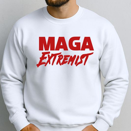 White sweatshirt with red MAGA Extremist graphic on male model