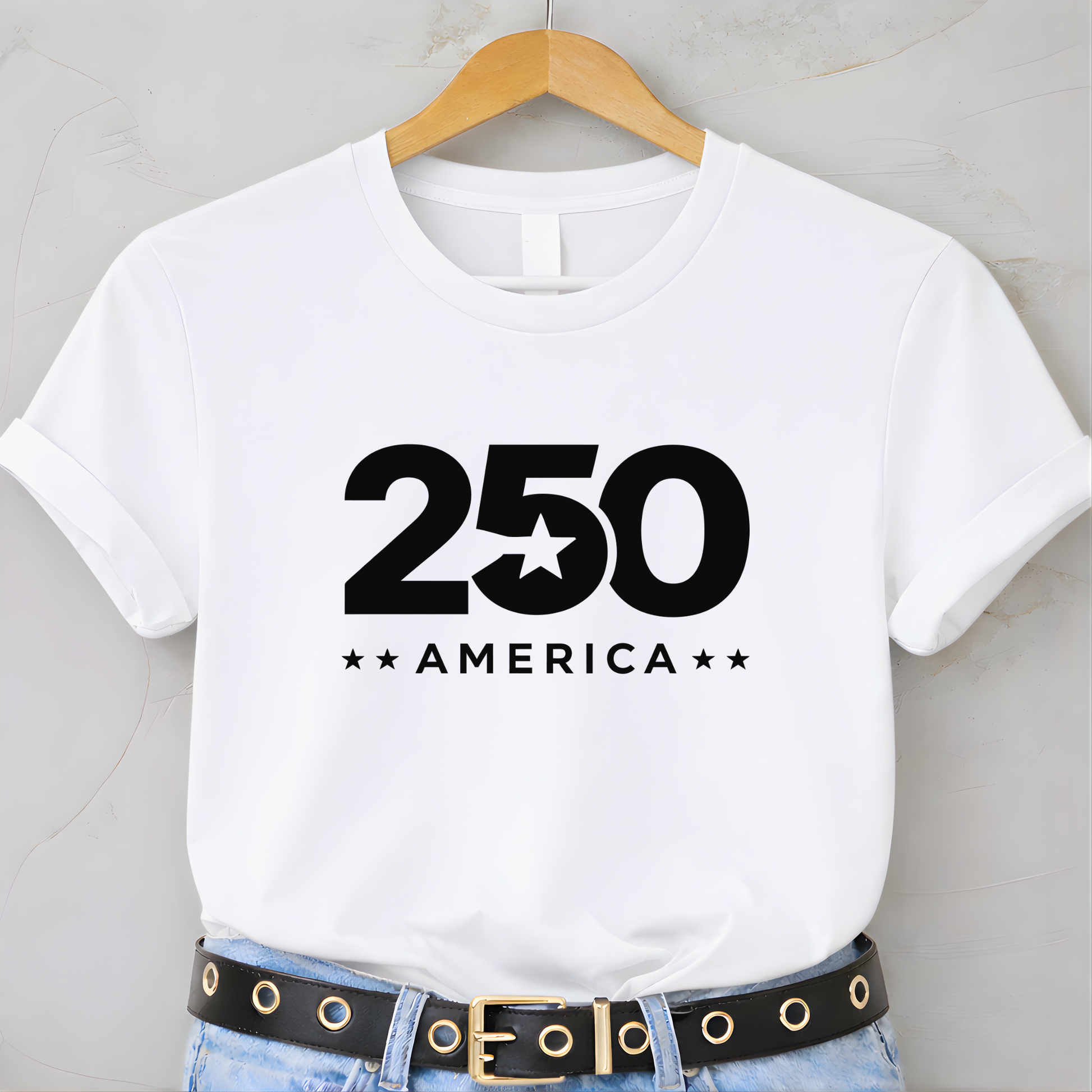 White t-shirt with '250 America' print on a hanger against a gray background