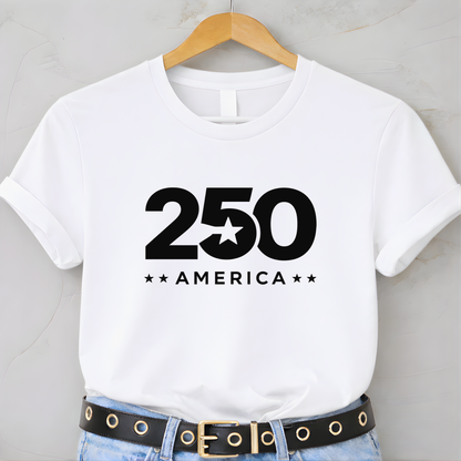 White t-shirt with '250 America' print on a hanger against a gray background