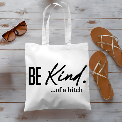 White tote bag flat lay with sandals and sunglasses, funny text design