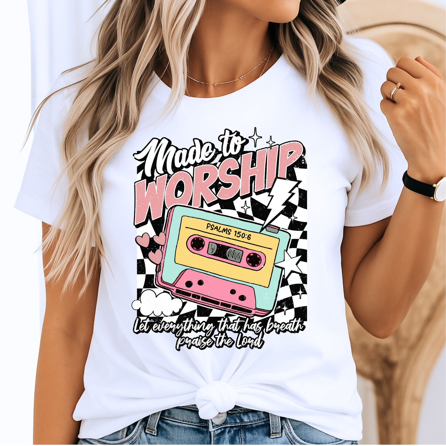 White unisex tee with retro cassette artwork