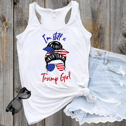 White women’s racerback tank with patriotic bun and sunglasses graphic