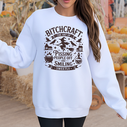 Person wearing a White sweatshirt with funny witchy graphic design