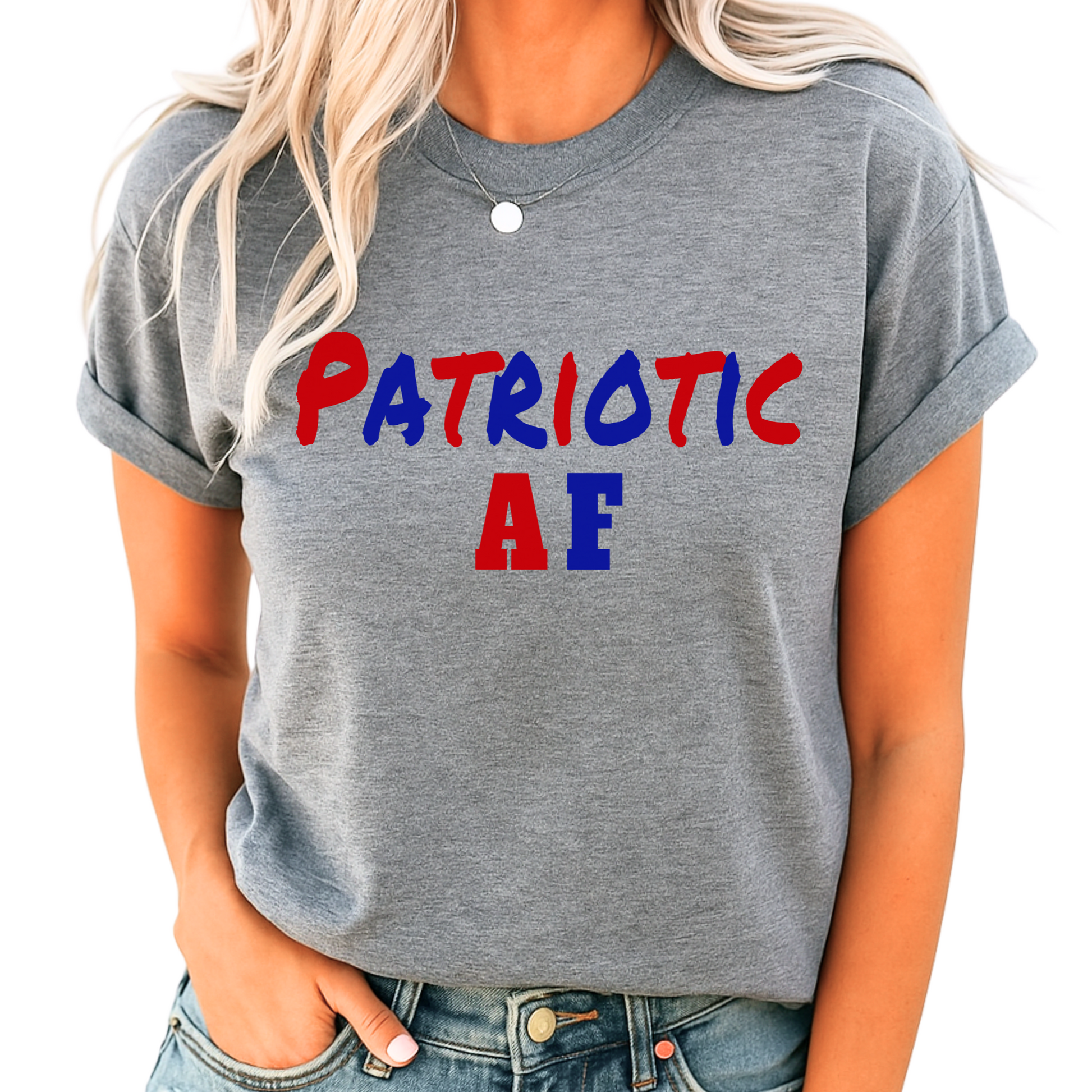 Woman in a rolled-sleeve heather gray t-shirt with bold red and blue “Patriotic AF” text