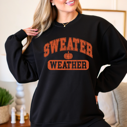 Woman in black sweatshirt with pumpkin design – cozy fall sweatshirt