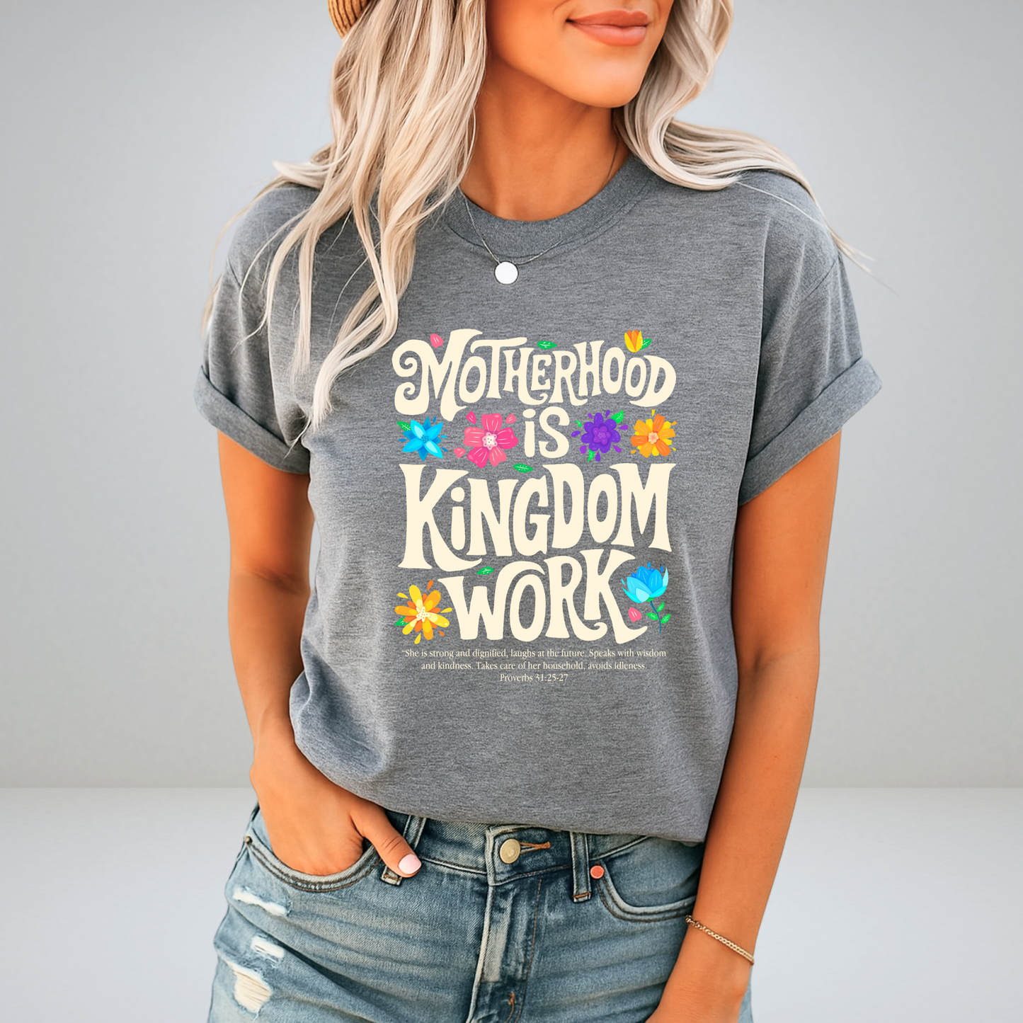 Woman in casual  outfit wearing gray Christian mom tee
