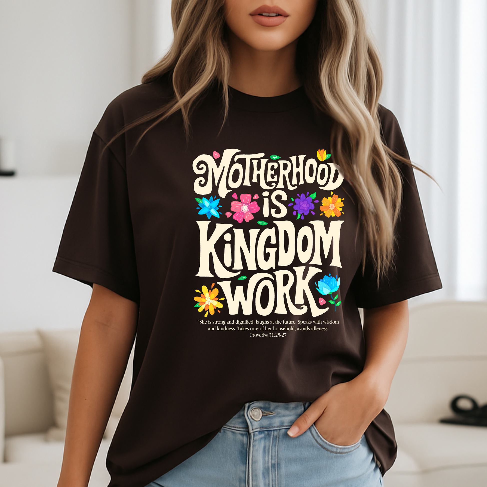 Woman in cozy outfit wearing brown Christian mom tee