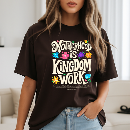 Woman in cozy outfit wearing brown Christian mom tee