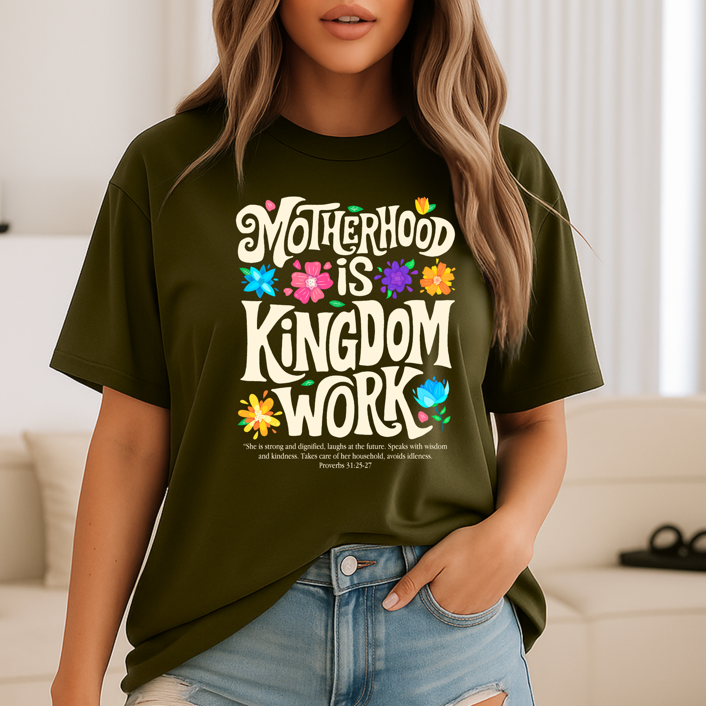 Woman in vibrant outfit wearing Green Christian mom tee