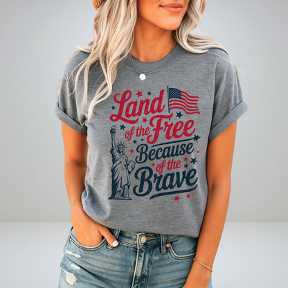Woman in sport gray shirt with red and navy Liberty and flag design

