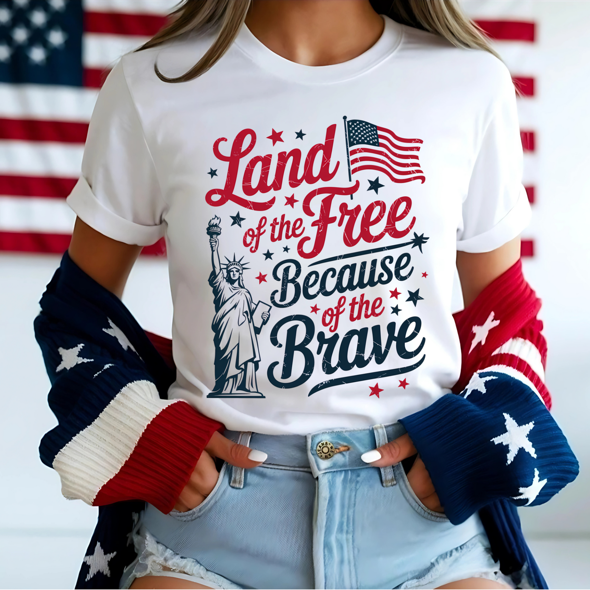 Woman in white tee with red/blue patriotic print, smiling in front of flag