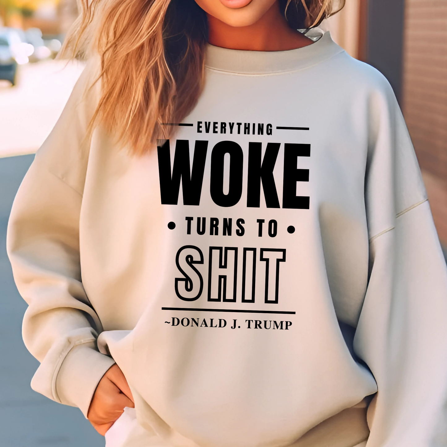 Woman outside wearing sand/stone sweatshirt