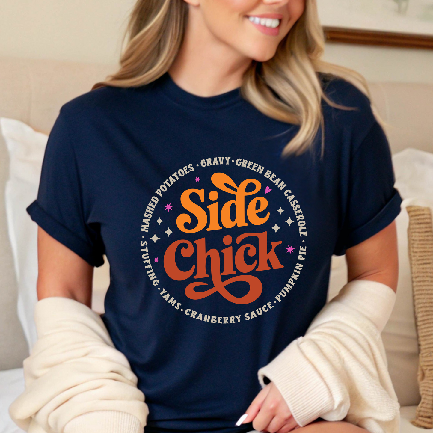 Navy Side Chick Friendsgiving shirt with chicken graphic