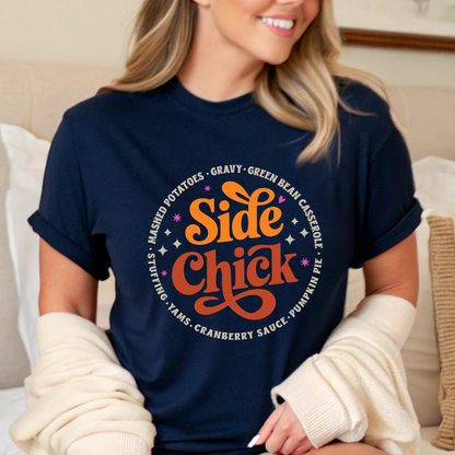 Navy Side Chick Friendsgiving shirt with chicken graphic