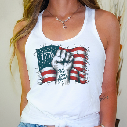 Woman wearing 1776 tank with knot-tie front styling