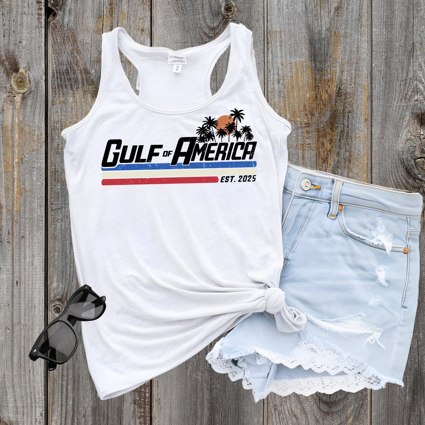 Woman wearing Donald Trump Patriotic Beach Tank Top 