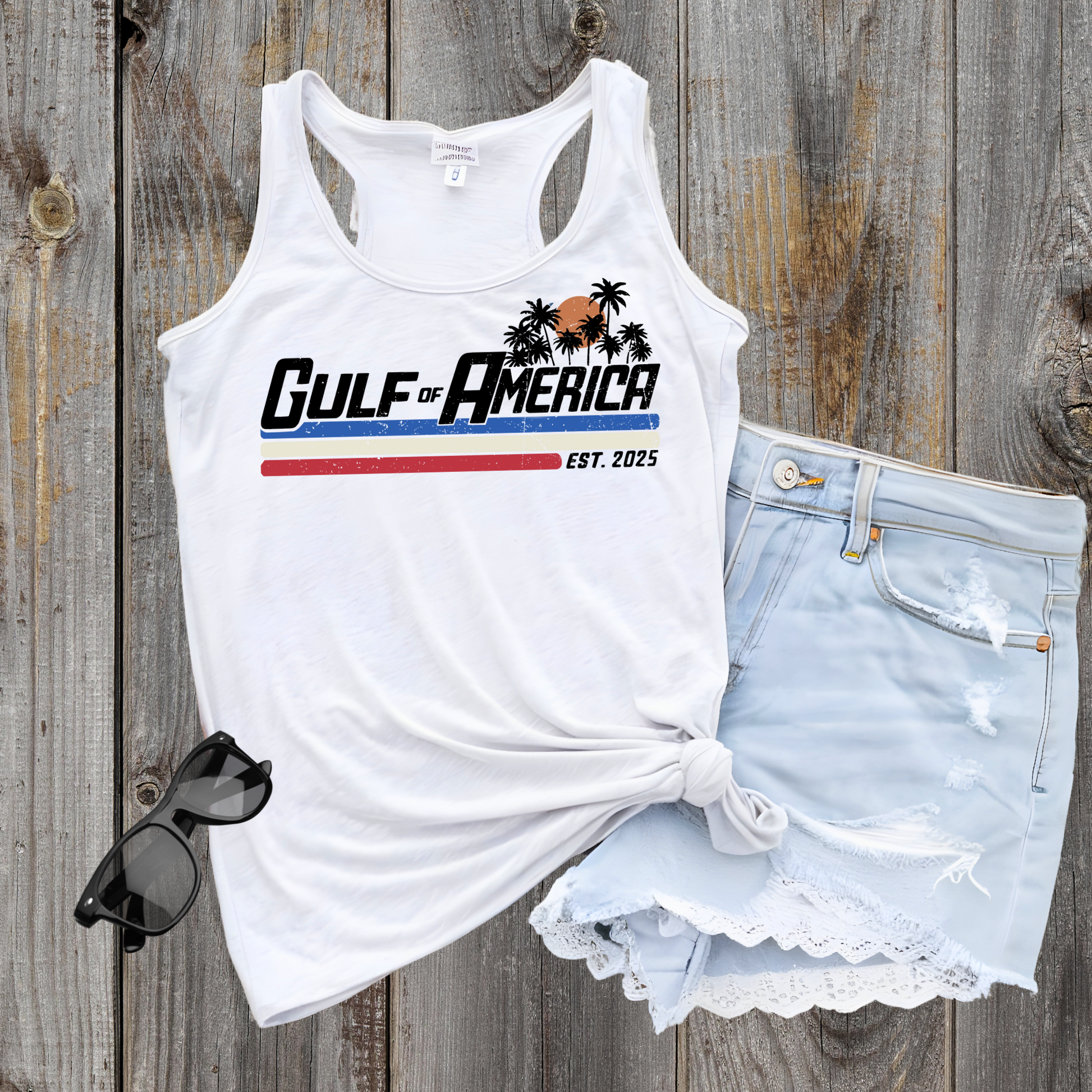 Woman wearing Donald Trump Patriotic Beach Tank Top 