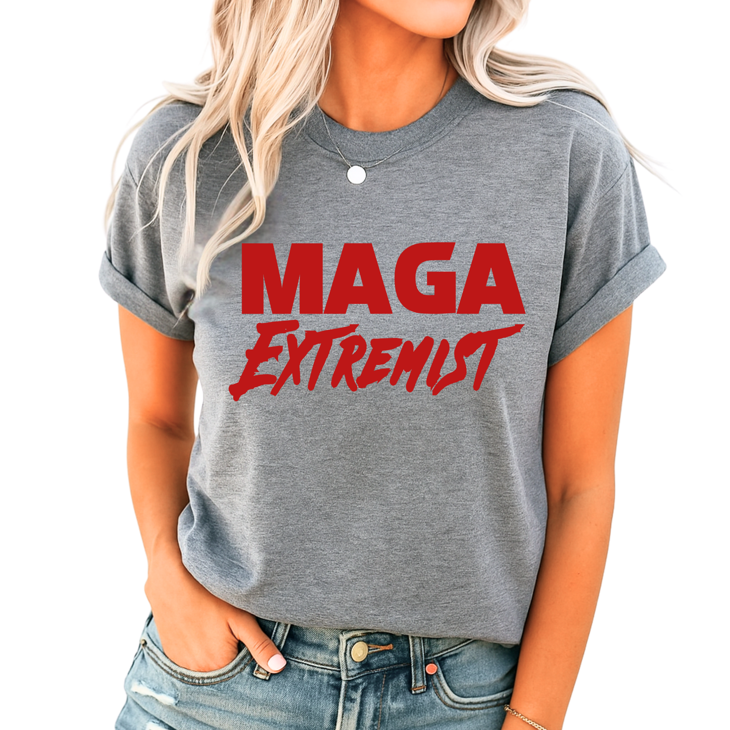 Woman wearing Gray T-shirt with bold red statement text graphic, tied hem style.