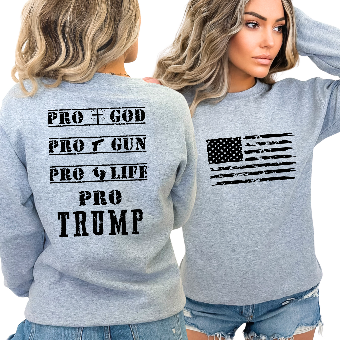 Woman wearing Gray Pro God Pro Gun Pro Life Pro Trump shirt – casual patriotic outfit