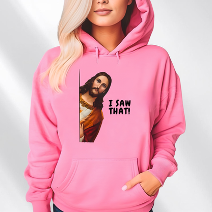 Woman wearing I Saw That funny Jesus graphic hoodie in pink
