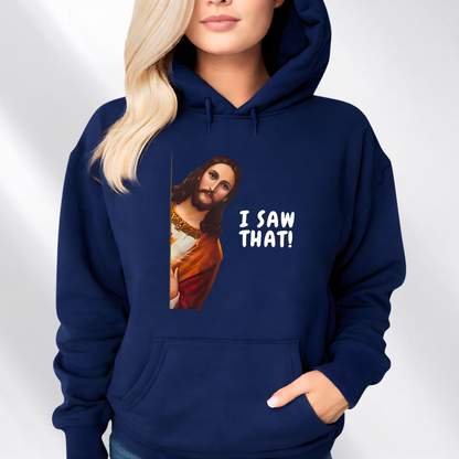 Woman wearing I Saw That funny Jesus graphic hoodie in navy
