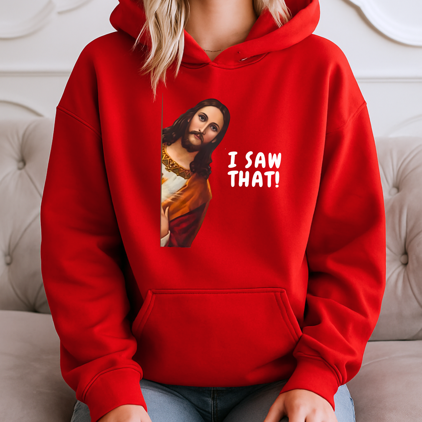 Woman wearing I Saw That funny Jesus graphic sweatshirt in red
