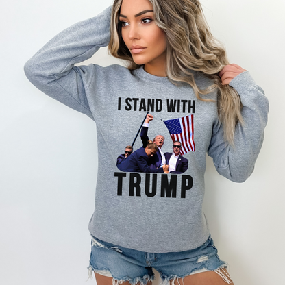 Woman wearing “I Stand With Trump” sweatshirt in Gray with American flag – patriotic apparel

