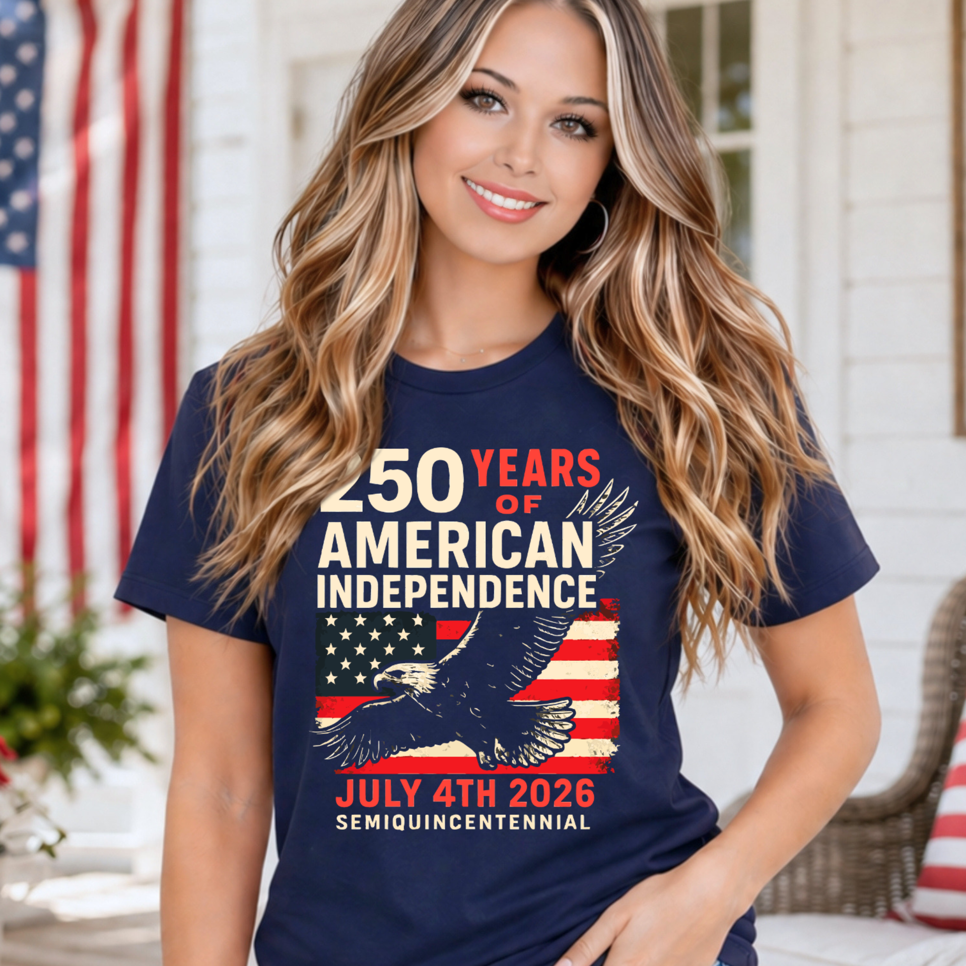 Woman wearing Navy Blue America 250 patriotic tshirt with eagle and American flag design celebrating 250 years of American independence July 4th 2026 semiquincentennial patriotic apparel for women summer 4th of July outfit.