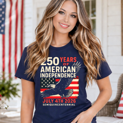 Woman wearing Navy Blue America 250 patriotic tshirt with eagle and American flag design celebrating 250 years of American independence July 4th 2026 semiquincentennial patriotic apparel for women summer 4th of July outfit.