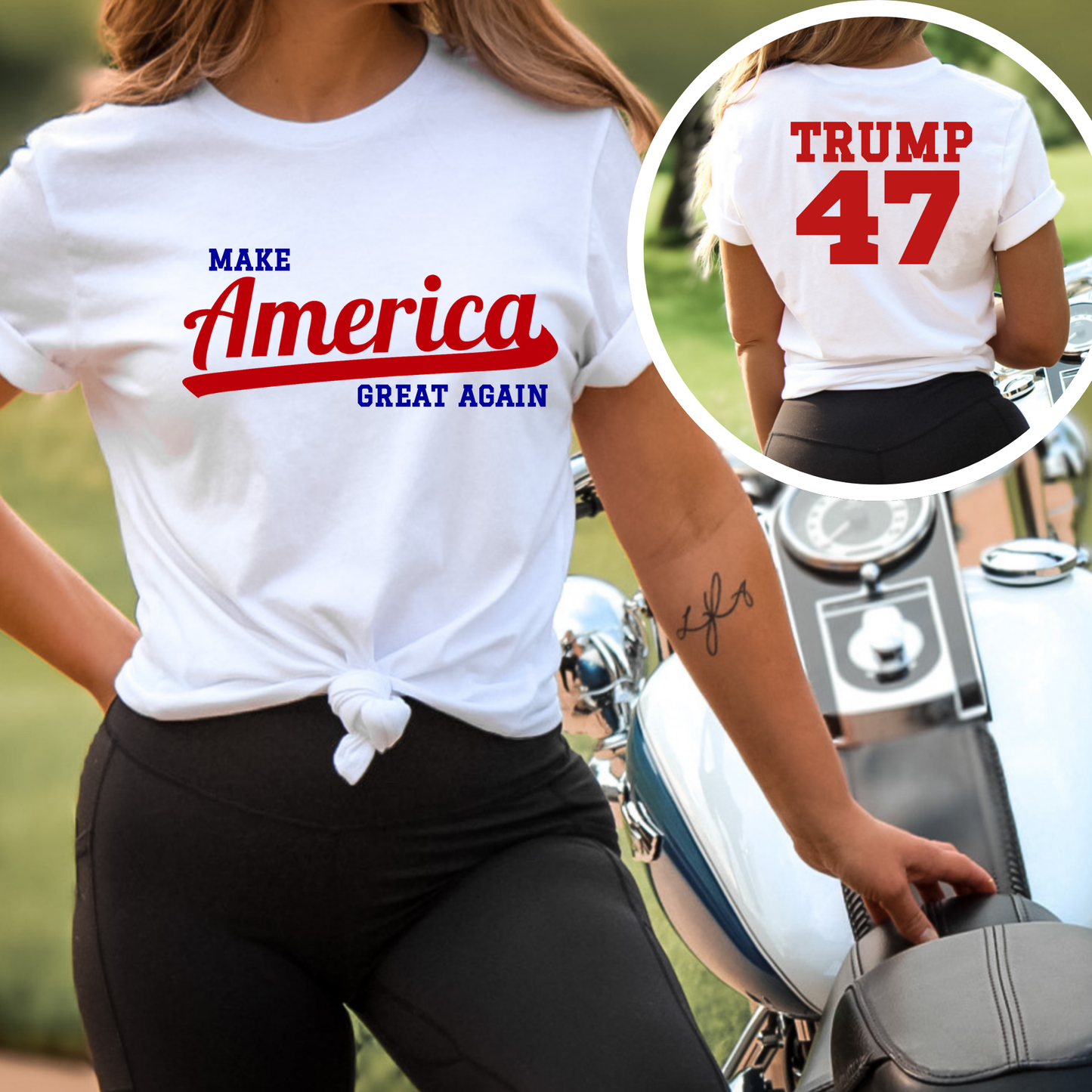 Woman wearing a white Trump 47 t-shirt standing by motorcycle – front and back view