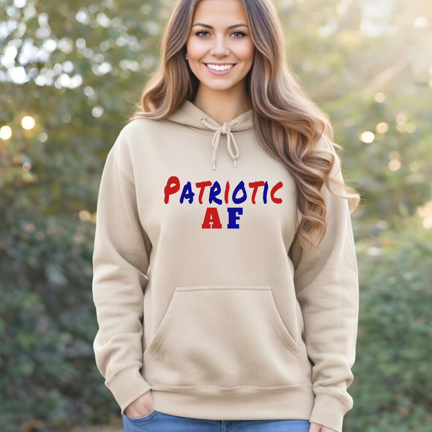 Woman wearing sand colored patriotic AF hoodie lifestyle mockup