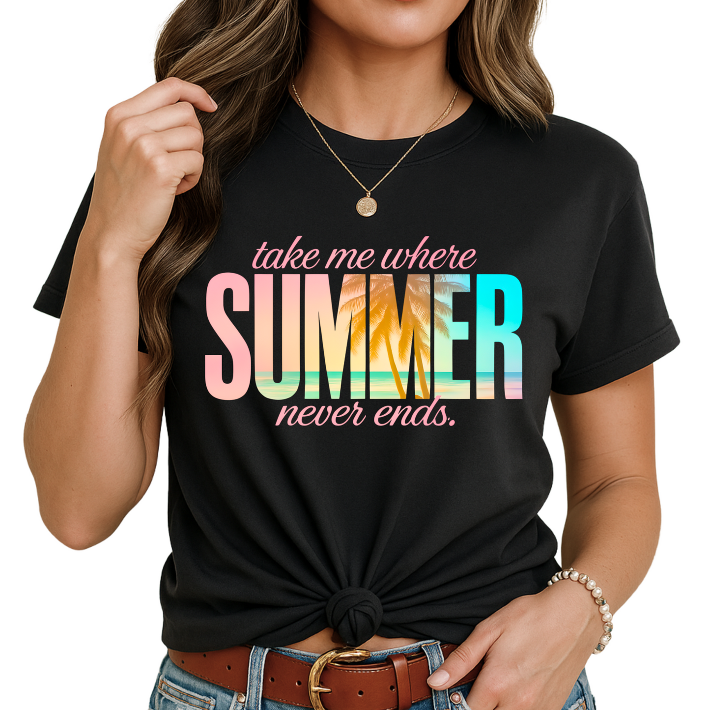 Woman wearing “Take Me Where Summer Never Ends” tee in black with kntted hem for styling