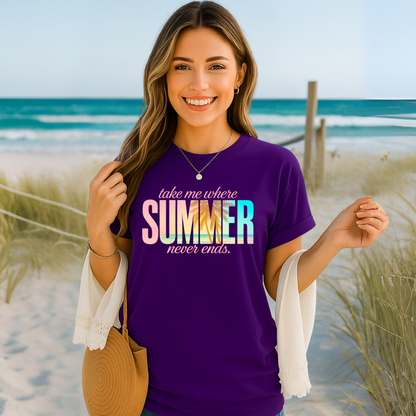 Woman wearing “Take Me Where Summer Never Ends” tee in purple with rolled sleeves